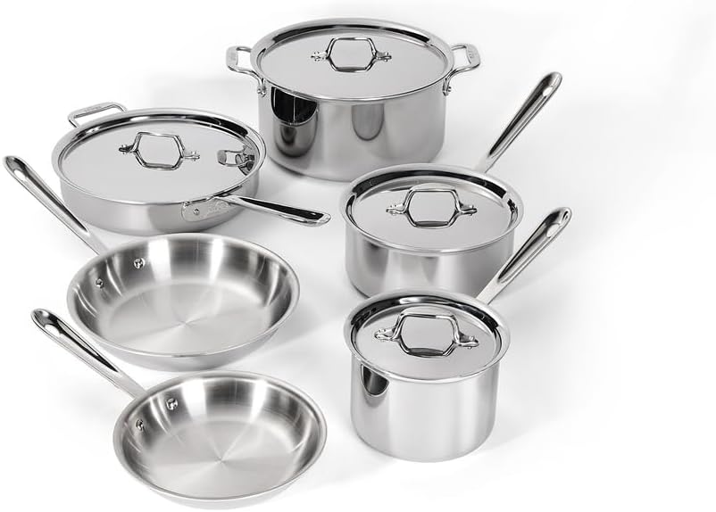 All-Clad D3 3-Ply Stainless Steel Cookware Set – 10-Piece Pots and Pans Set, Induction, Oven Broiler Safe 600F - Includes Frying Pans, Saucepan, Sauté Pan, Stockpot, Professional Cookware – Silver