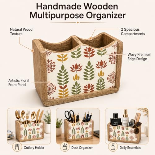 Image of The Earth Store Wooden Leafon Cutlery Holder 2 Division | 6 Inch White & Brown Spoon & Utensil Organizer | Table Top Kitchen Cutlery Stand for Dining Table & Counter Storage