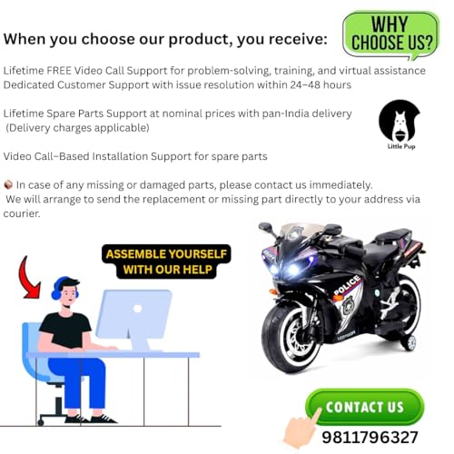 Image of LITTLE PUP 12V Battery Operated Ride on Bike for Kids of Age 2 to 8 Years- Electric Rechargeable Kids Bike with Hand Race, Music,Led Lights - (Black)