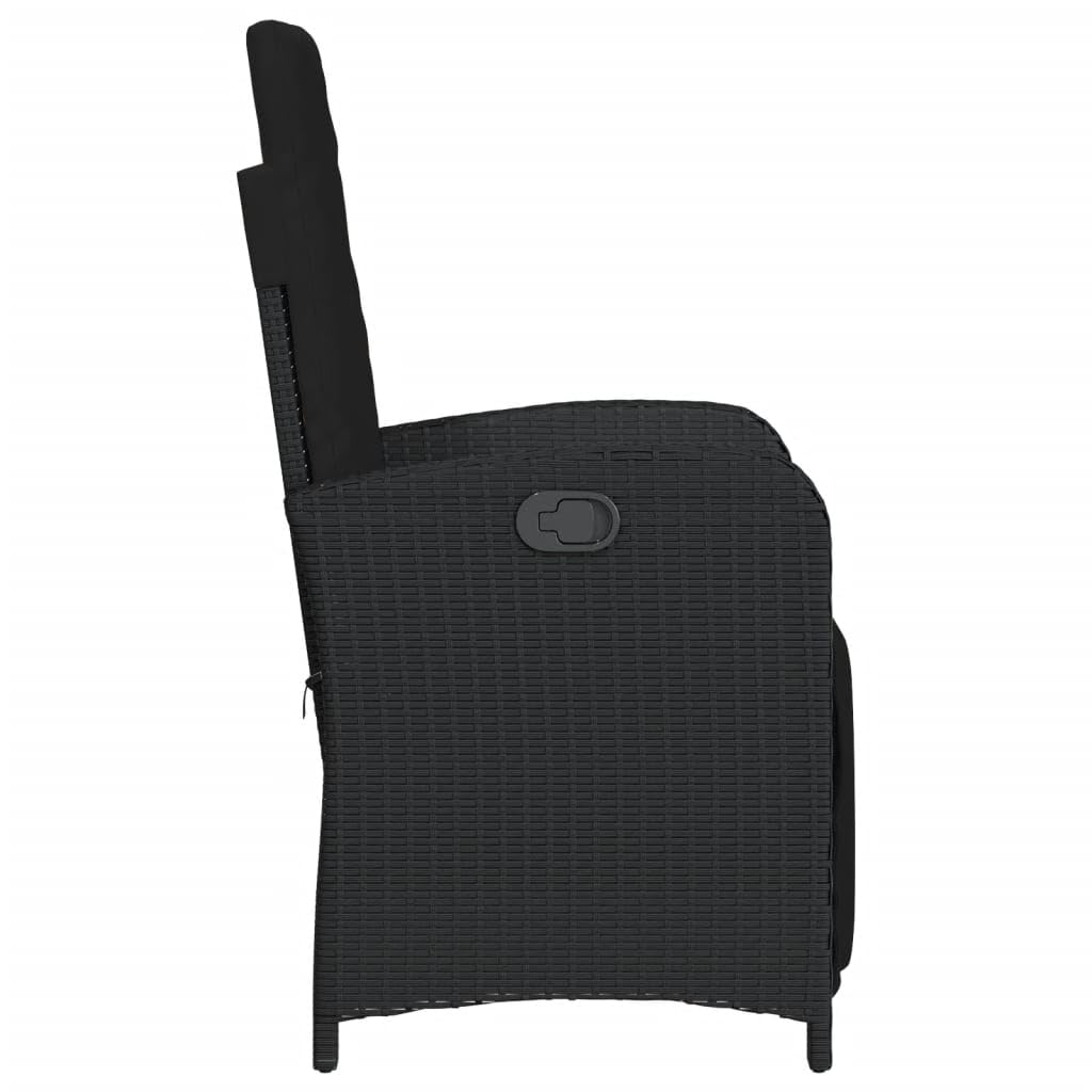 Poltrona da giardino regolabile con poggiapiedi in polyrattan nero, poltrona da giardino con copertura impermeabile, facile da pulire con cuscino rimovibile