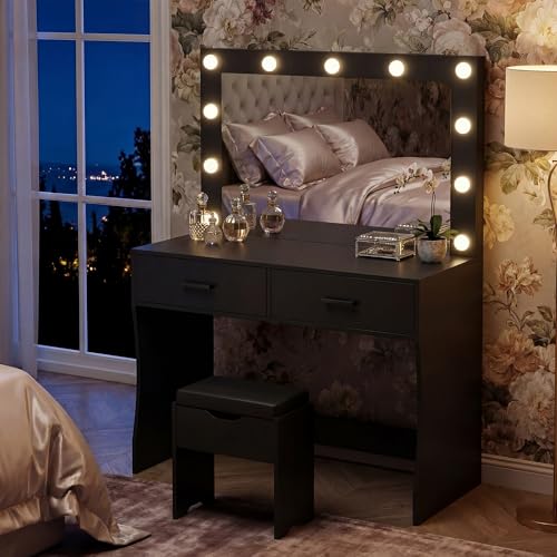 Image of YESHOMY Vanity Desk with Mirror,Makeup Vanity Table with 11 Adjustable Lights and 2 Spacious Drawers,3 Lighting Modes with Control&Soft-Padded Storage Stool,Modern Bedroom Vanity Set,Black