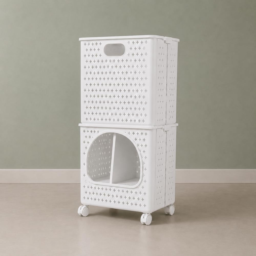 GINOYA BROTHERS 2-Tier Foldable Laundry Basket with Wheels, Stackable Slim Storage Organizer with Divider & Lockable Casters, Rolling Clothes Hamper for Bathroom, Closet & Bedroom-image-29