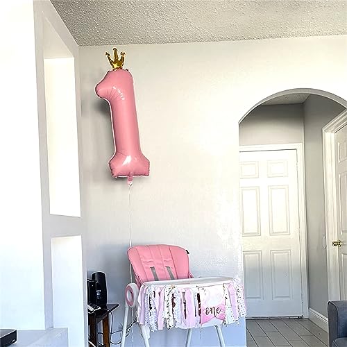 Image of Crown Pink Number 1 Balloon for Girls 1st Birthday Party, 40 Inch Large Number Foil Helium Pastel Pink Balloons 0-9, for Women 10th Birthday Party Baby Shower Anniversary Party Decoration Supplies