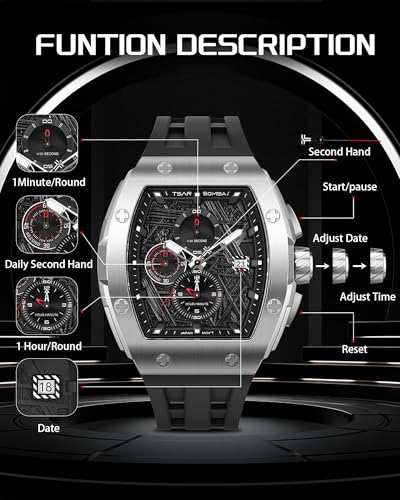 Image of Tsar Bomba Mens Watches Quartz Wristwatch for Men Waterproof 50M Analog Luxury Tonneau Chronograph Calendar Date Men's Dress Business Work Watch Gift for Men