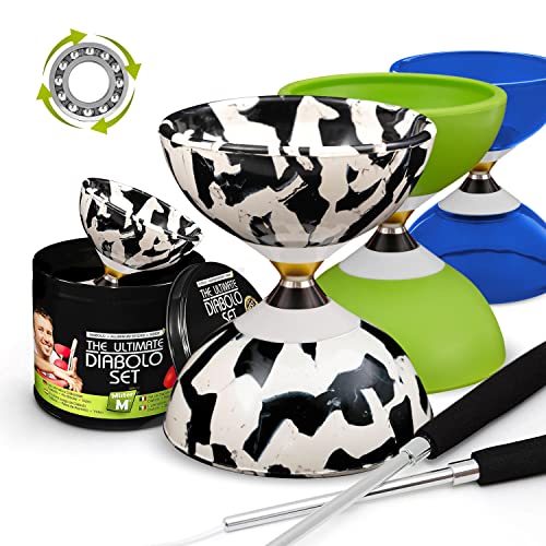 Mister M | Set de jonglage avec Diabolo Multicolore à roulement à Billes | Baguettes Pliables en Aluminium | avec Corde de Rechange | App et tutoriel pour Apprendre à Jongler Compris Cover