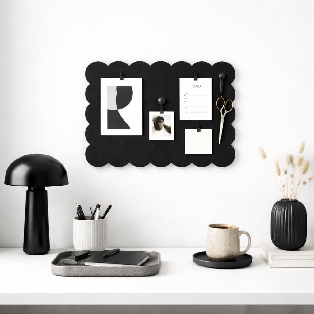 Orelle Scalloped Felt Bulletin Board | 23 X 15” | Foldable Peel and Stick Felt Board for Wall | Alternative Cork Board for Office, Message Board, Kids Art Display | Black