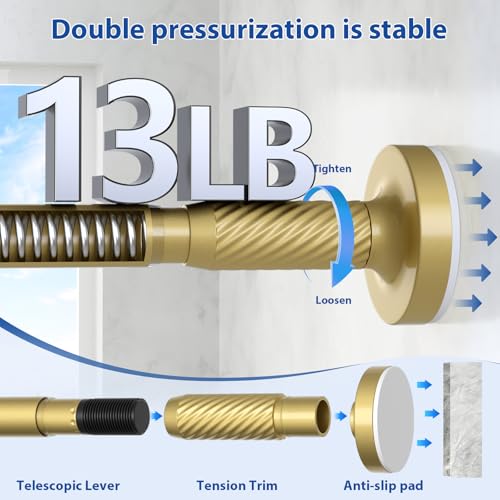 Image of Tension Curtain Rod 32-62Inch Gold Shower Rod Tension Rod Adjustable | Curtain Rods no Drilling Tension Rod for Windows,Closets,Doorway