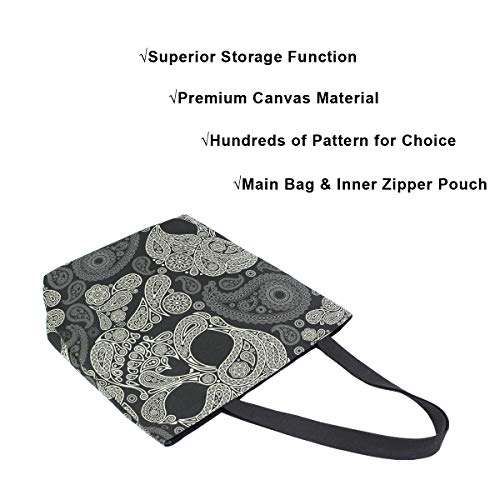 Image of Halloween Skull Canvas Tote Grocery Bag Shoulder Casual Book Bag Large for Women Teachers, Sugar Skull Cotton Bag Shopping Purse Handbag Reusable Multipurpose Use