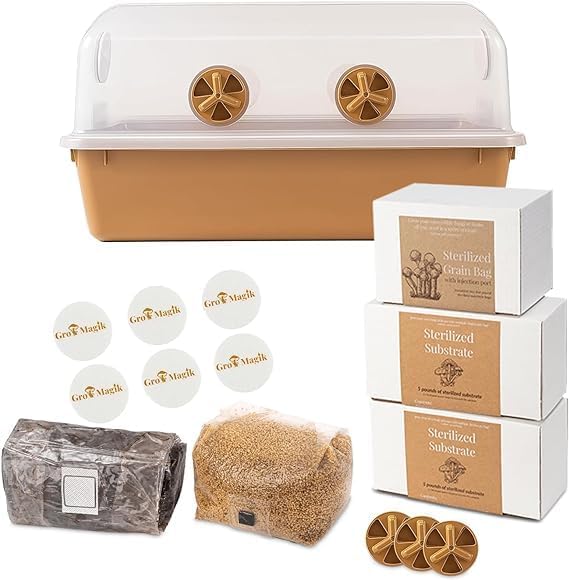 GRO Magik Mushroom Bin with 3lb Grain Bag and 10lb Sterilized Substrate Bag -Everything to Grow at Home - Equipped with Six Filters and Airflow Adjustment Knob | Includes a Single Liner