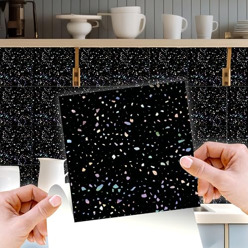 WALPLUS 15cm(6")@24pcs Terrazzo Holographic Glitter Black Wall Tile Sticker Tile Paint Stick on Tiles Peel and Stick Self Adhesive Wall Tiles Stickers for Kitchen Bathroom Tile Transfer Backsplash