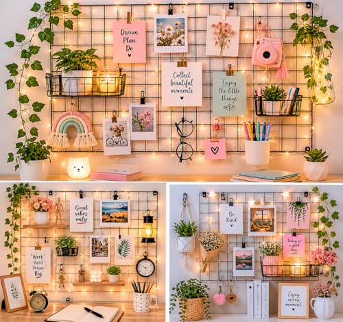 Image of Decorative Wire Grid Panel for Wall Decoration | Metal Photo Display Memo Board Organizer for Bedroom, Office & Study Room | Hanging Wall Grid for Notes, Photos & Accessories | Black | 25 x 17 Inch