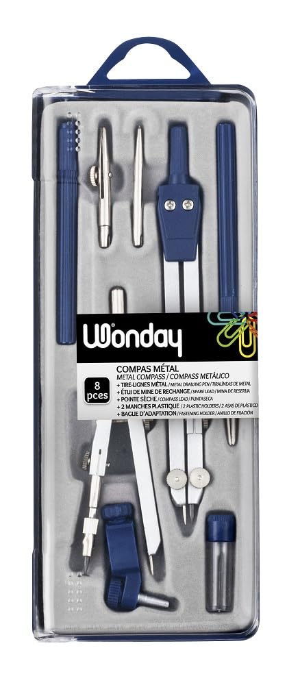 WONDAY - Compass, 8-Piece ballustre Technical Box with line Puller + Dry tip, 1 Universal Attachment Ring, 1 Pencil Holder, 1 Metal line Puller, 1 case of 1 Spare Lead