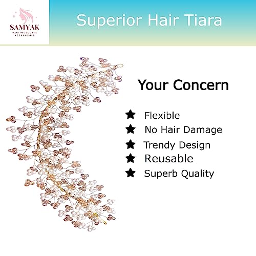 Image of Samyak Crystal Pearl Hair Vine Tiara Headband Headdress Hair Jewellery /Hair pin /Bun Clip For Bridal Wedding Functions Bridesmaid (Golden)