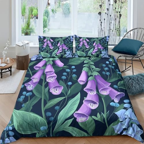 Foxgloves And Bluebells Duvet Cover Double 3 Pieces Dark Blue And Green...