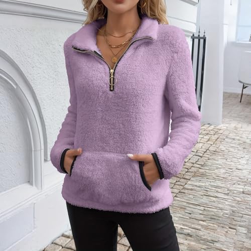 Purple Fleece Zip Up Women Oversized Quarter Half Zip Pullover Sweatshirts - image 6