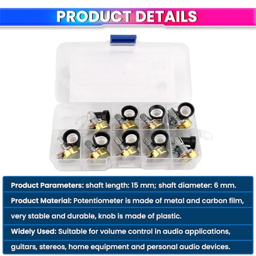 Image of 10Pcs Potentiometer Kit with Switch & Cap | Adjustable Resistors 1K /2K /5K /10K /20K /50K /100K /250K /500K /1M | Durable Carbon Film & Metal Build with 10 Knobs, Nuts & Washers in Storage Box