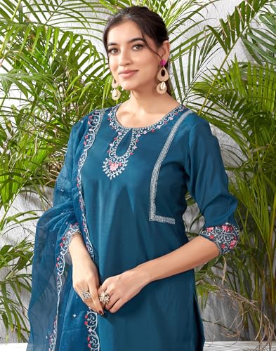 Image of SIRIL Women's Rayon Viscose Sequence Embroidery Work Straight Kurta Pant with Dupatta Set