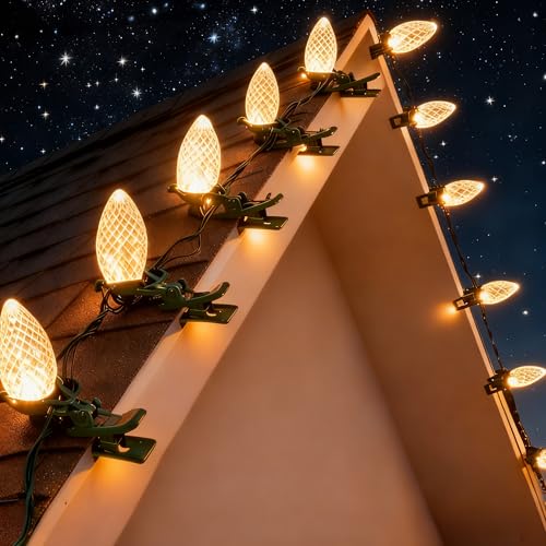 Dazzle Bright C9 Christmas String Lights, 100 LED 66 FT Waterproof Connectable Fairy Lights with 100 Spring Clips Timer, Christmas Decoration for Outdoor Roofline Home Garden Yard Tree, Warm White