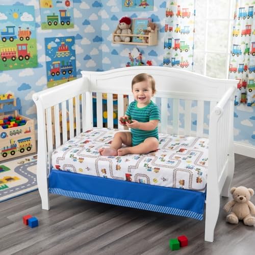 Image of EVERYDAY KIDS 4 Piece Boys Crib Bedding Set - Choo Choo Train - Includes Quilt, Fitted Sheet, Dust Ruffle and Diaper Stacker - Nursery Bedding Set - Baby Crib Bedding Set