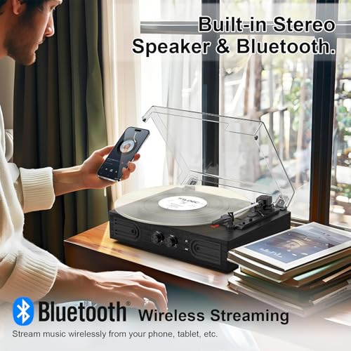 Image of Vinyl Record Player with Built-in Speakers 3-Speed Vintage Record Player Support Treble& Bass Control, 3.5mm Headphone Jack, RCA-Out /Aux in, Belt-Driven LP Turntable,Black Wood