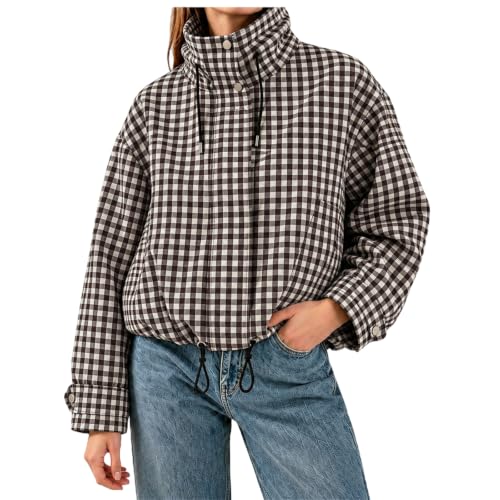 Womens Zip Up Jacket Funnel Neck Gingham Pullover Cropped Jacket - image 1