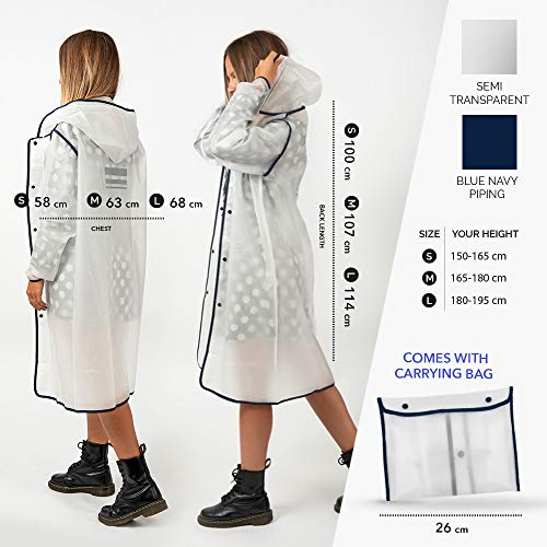 PERLETTI Regenponcho Wasserdicht Damen Herren Reflktierende Details - Regenjacke Wandern Outdoor Trekking Reisen mit Kapuze - Regen Cape Waterproof Kompakt Camping (M, Transparent mit Rand Blau)