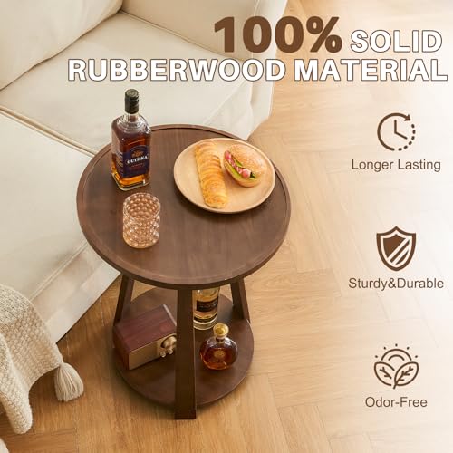 Image of Uniclinens Round End Table, Solid Wood Round Side Coffee Table, Small Bedside Nightstand for Living Room Bedroom, Walnut