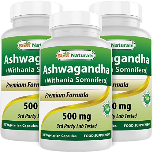 3 Pack - Best Naturals Ashwagandha Capsules for Relaxing Stress and Mood, 500 mg, 120 Count (Total 360 Capsules)