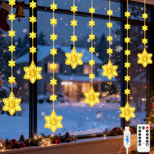 Gcstnn Christmas Snowflake Window Lights, 2M 48 Snowflakes Curtain String Lights USB Powered with Remote Control Timer Waterproof Christmas Hanging Light for Window Bedroom Xmas Tree Decor Warm White