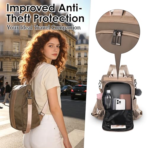 Image of PINCNEL Women Medium Backpack Purse Waterproof Nylon Anti-theft Rucksack Lightweight Shoulder Bag Mocha