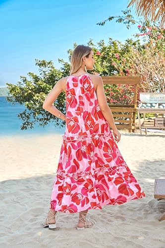 Image of GRACE KARIN 2026 Women's Floral Halter Maxi Dress Boho Summer Beach Sundress with Tiered Ruffle Skirt
