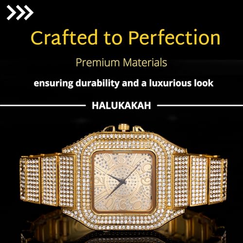 Image of Halukakah Diamonds Watch Iced Out for Boy Teens Kids - 18K Real Gold /Platinum Plated,Arabic Numerals Square Dial,Japanese Quartz - 7.3 inch Length - Optional with Cuban Link Chain - for Birthday,Parties