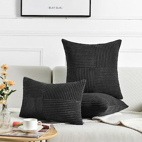 Image of Fancy Homi 2 Packs Black Samll Decorative Throw Pillow Covers 12x12 Inch with for Couch Bed Sofa, Rustic Farmhouse Boho Home Decor, Soft Corss Patchwork Corduroy Square Cushion Case 30x30 cm