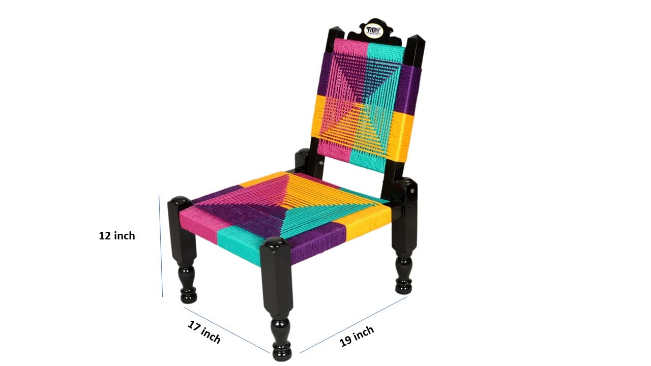 THE ROYAL CRAFTS Traditional Handicrafts Multicolor Resham Rope Wooden Folding Chair Khatli Bajot Stool Charpai Pidda Mudda Rajwadi Furniture Garden Table 12 INCH 2