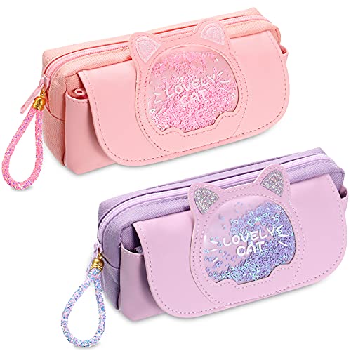 2 Pieces Big Capacity Pencil Case Cute Cat Large Capacity Pencil Pouch Portable Pencil Pouch Stationery Storage Organizer Pencil Box Pen Holder Bag for School Student Present, Pink and Purple