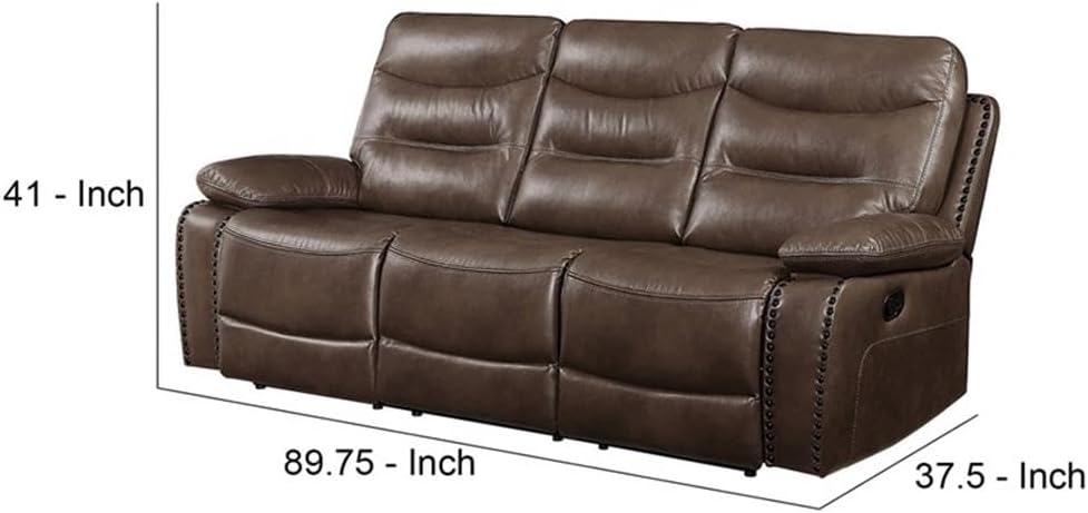 Pemberly Row Reclining Motion Sofa, Brown Leather Gel Upholstery with Tufted Seat, Nailhead Trim, Pillow Top Armrests, Wood Frame, Metal Reclining Mechanism, Comfortable Living Room Seating