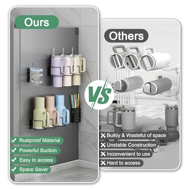 Magnetic Cup Holder for Fridge, Aufworld Tumbler Organizer Fits 20/30/40 oz Stanley Cups, Accessory Storage with Lid & Straw Holder, Space-Saving Storage Rack for Kitchen Fridge