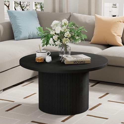Image of Furniway Round Coffee Table, 35.4 inch Circle Wide Coffee Table, Wood Table and Center Table for Living Room, Black