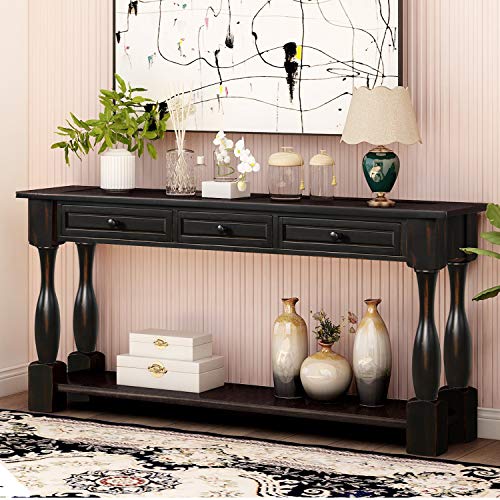 P PURLOVE Console Table for Entryway 64" Wood Sofa Table with Storage Drawers