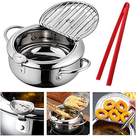 Hvanam Deep Fryer Pot With Oil Drop Tray Basket And Oil Thermometer Japanese-Style Tempura Non-Stick Fryers, For The Home Fry Chicken Chips Fish And Shrimp(304 Stainless Steel 3.4L With Food Tongs) Cover