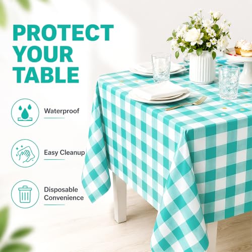 Image of WNINK 2 Pack Mint Green Gingham Tablecloths, 54 x 108 Inch Disposable Waterproof Plastic Table Covers for Rectangle Tables, Picnic, Birthday Party, Baby Shower and Celebration