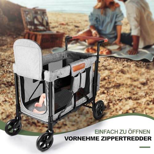 Carro para niños plegable de dos asientos con arneses para excursiones y compra 7