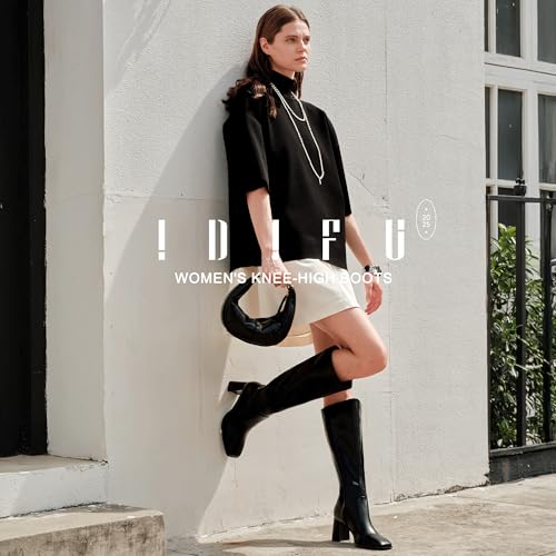IDIFU IN3 Knee High Boots for Women Square Toe GoGo Chunky High Heeled Tall Long Fall Boot with Side Zipper Dress Comfortable Fashion Pull On Small Thick Heel Boots2