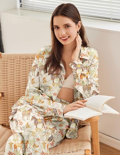 Ekouaer Womens Satin Silky Pajama Set 2 Piece Print PJs Soft Loungewear Button Down Sleepwear with Elastic Waist Long Pants