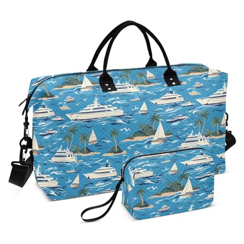 Weekender Bags Travel Duffel Gym Bag Ships Tropical Islands Sea Blue Carry on Overnight Tote Bag with Toiletry Bag for Airplane Travel Trip Gym Yoga