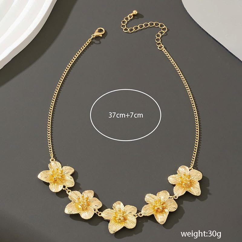Chunky Gold Flower Necklace for Women,Trendy Gold Layered Floral Pendant Chain Choker Fashion Statement Wedding Bridesmaid Dating Party Costume Necklace Jewelry - Image 5