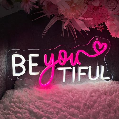 Image of Be Your Tiful Neon Sign For Spa Beauty Room Nail Brows Lashed Salon Studio LED Wall Art Decor For Business Stores Logo Barber Shops Led Word Indoor Custom Neon Lights 5V USB Pink White 40x19.6 CM
