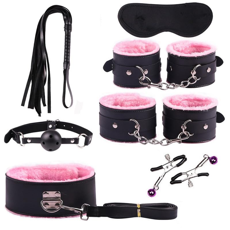 Juego Fijo De Fitness De Cuero Liso Rosa De 7 Piezas, Revestimiento De Peluche Suave Adecuado Para Parejas Para Hacer Ejercicio