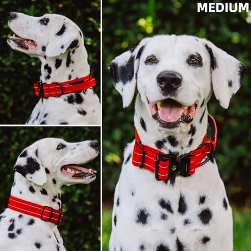 Image of Tuff Pupper Tactical Dog Collar | Heavy Duty 1.5 inch Wide Ballistic Nylon | Training Control Handle | Quick-Release Metal Buckle | Reflective Bands | ID Tag Holder | Padded Inner Lining (Red, Medium)