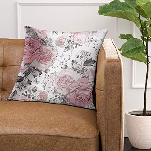 Golee Throw Pillow Cover Gray Abstract With Pink Flowers And Leaves On White Watercolor Floral Pattern Rose In Pastel Color Decorative Pillow Case Home Decor Square 16X16 Inches Pillowcase #TOP1